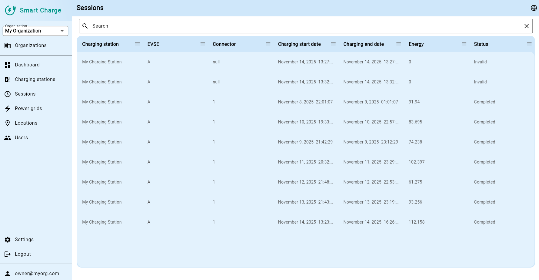 Charging Sessions screenshot