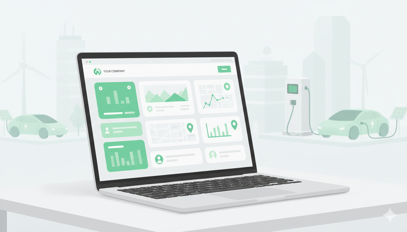 'White-label' EV töltő szoftver illusztráció, amely márkás mobilalkalmazást és műszerfalat mutat